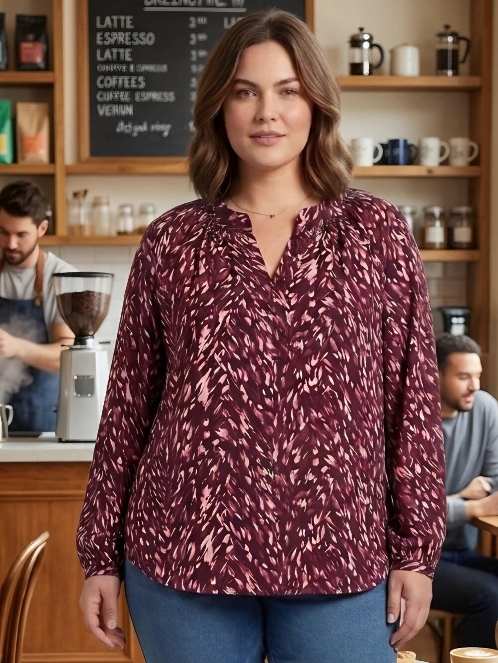 Simply Vera Vera Wang Maroon and Light Pink Printed V-Neck Blouse
